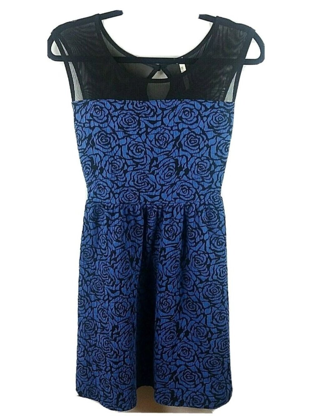Summer Floral Skater Dress Medium Blue Sheer Mesh Neckline Preppy Grunge